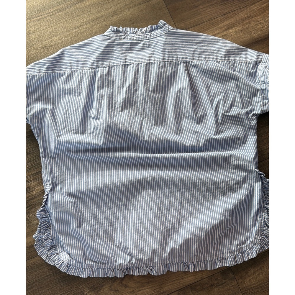 J.Crew Womens Blue White Striped Ruffle Trim Short Sleeve Button Up Top Size 4 - Picture 3 of 5